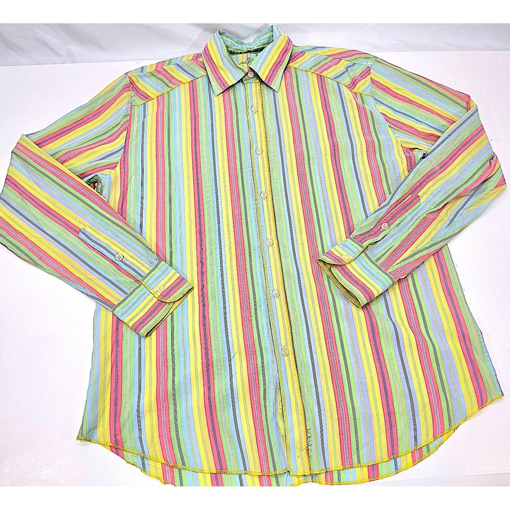 Arnold Zimberg Hollywood Mens Medium Multicolor Striped Button Up Shirt Retro Co - Picture 2 of 9